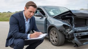 Insurance Claims Adjuster assessing vehicle damage to determine NC Accident Claim Value for an Outer Banks injury case.